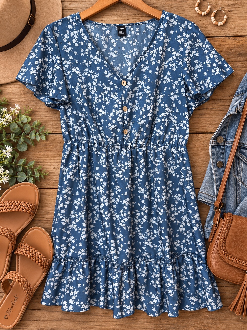 SHEIN Blue Floral V-Neck Tiered Dress